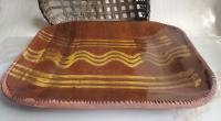 Handcrafted Rectangular Redware Platter with Golden Slip Pattern, Food Safe, Antiqued