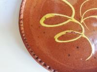 Redware 7 in. Plate with Feather Golden Slip Motif, Food Safe, Antiqued