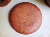 Redware 7 in. Plate with Feather Golden Slip Motif, Food Safe, Antiqued
