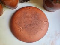 Redware 9 in. Plate with Golden Slip Motif, Food Safe, Antiqued