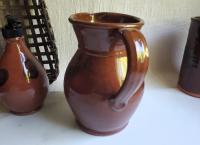 Redware Pitcher by Pied Potter Hamelin, Lead-Free Glaze Spangles, Signed Antiqued