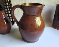 Redware Pitcher by Pied Potter Hamelin, Lead-Free Glaze Spangles, Signed Antiqued