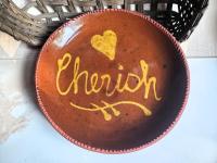 Redware 9 in. Plate with Golden Slip Motif, Food Safe, Antiqued