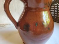 Redware Pitcher by Pied Potter Hamelin, Lead-Free Glaze Spangles, Signed Antiqued