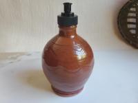 Redware Soap Dispenser, Wheel-Thrown, Antiqued, Incised Pattern