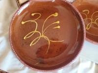 6 Redware 9 in. Plates with "Feather" Golden Slip Motif, Food Safe, Antiqued