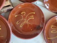 6 Redware 9 in. Plates with "Feather" Golden Slip Motif, Food Safe, Antiqued