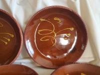 6 Redware 9 in. Plates with "Feather" Golden Slip Motif, Food Safe, Antiqued