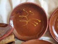 6 Redware 9 in. Plates with "Feather" Golden Slip Motif, Food Safe, Antiqued