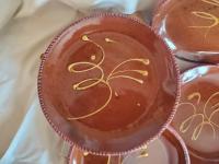 6 Redware 9 in. Plates with "Feather" Golden Slip Motif, Food Safe, Antiqued