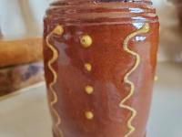 Redware Soap or Lotion Dispenser Bottle with Squiggles and Dots (b)