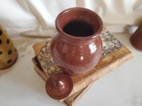 Redware 5 in Storage Jar with Feather Pattern and Acorn Finial