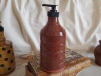 Redware Soap Dispenser, Wheel-Thrown, Antiqued, Incised Pattern