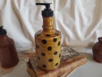 Redware Soap or Lotion Dispenser Bottle with Black Dots