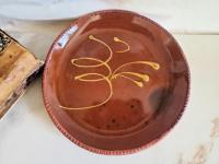 Redware 9 in. Plate with Feather Pattern, Antiqued