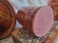 Redware Soap or Lotion Dispenser Bottle with Squiggles and Dots