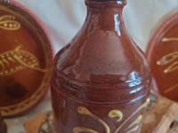 Redware Soap or Lotion Dispenser Bottle with Feather Pattern