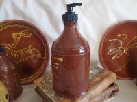 Redware Soap or Lotion Dispenser Bottle with Feather Pattern