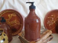 Redware Soap or Lotion Dispenser Bottle with Feather Pattern