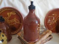 Redware Soap or Lotion Dispenser Bottle with Feather Pattern
