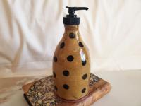 Redware Soap or Lotion Dispenser Bottle with Black Dots