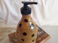 Redware Soap or Lotion Dispenser Bottle with Black Dots