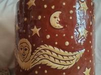 Unique Large Redware Jar, Angel with Moon and Sun Sgrafitto Motif