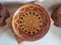Redware 7 in. Plate, One-of-a-Kind with Slip Motif, Food Safe, Antiqued