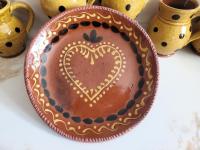 Redware 9 in. Plate, One-of-a-Kind, with Slip Motif, Food Safe, Antiqued
