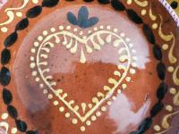 Redware 9 in. Plate, One-of-a-Kind, with Slip Motif, Food Safe, Antiqued
