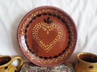 Redware 9 in. Plate, One-of-a-Kind, with Slip Motif, Food Safe, Antiqued