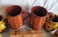 Handmade Redware Mugs (2) with Squiggles and Dots Pattern