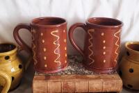 Handmade Redware Mugs (2) with Squiggles and Dots Pattern