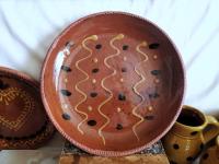 Redware 11 in. Plate, One-of-a-Kind Slip Motif, Food Safe, Antiqued