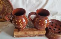 Redware Mugs (2) with Squiggles and Dots Pattern, Handmade