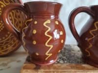 Redware Mugs (2) with Squiggles and Dots Pattern, Handmade