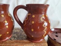 Redware Mugs (2) with Squiggles and Dots Pattern, Handmade