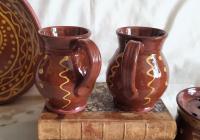 Redware Mugs (2) with Squiggles and Dots Pattern, Handmade