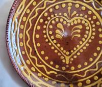 Redware 11 in. Plate, One-of-a-Kind Slip Motif, Antiqued