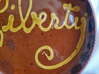 Redware 11 in. Plate, One-of-a-Kind "Liberty" Slip Motif, Antiqued
