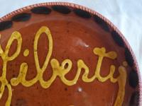 Redware 11 in. Plate, One-of-a-Kind "Liberty" Slip Motif, Antiqued