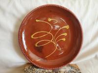 Redware 9 in. Plate, Feather Motif, Antiqued