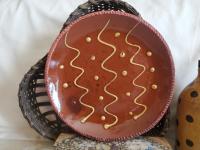 Redware 9 in. Plate, Squiggles and Dots Pattern, Antiqued