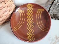 Redware 11 in. Plate, One-of-a-Kind Traditional Slip Motif, Antiqued