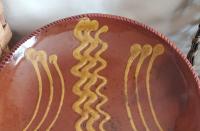 Redware 11 in. Plate, One-of-a-Kind Traditional Slip Motif, Antiqued