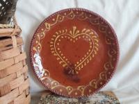 Redware 9 in. Plate, Heart Motif, Antiqued, Lead Free Glaze