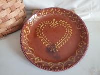 Redware 9 in. Plate, Heart Motif, Antiqued, Lead Free Glaze
