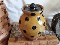 Redware 5 in Storage Jar with Black Dots and Acorn Finial