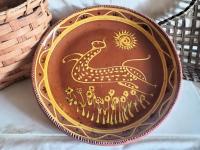 Unique Whimsical Cat Motif Slip Trailed Redware Charger