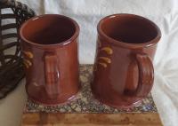Set of Redware Mugs (2) with Feather Pattern, Hand-Made